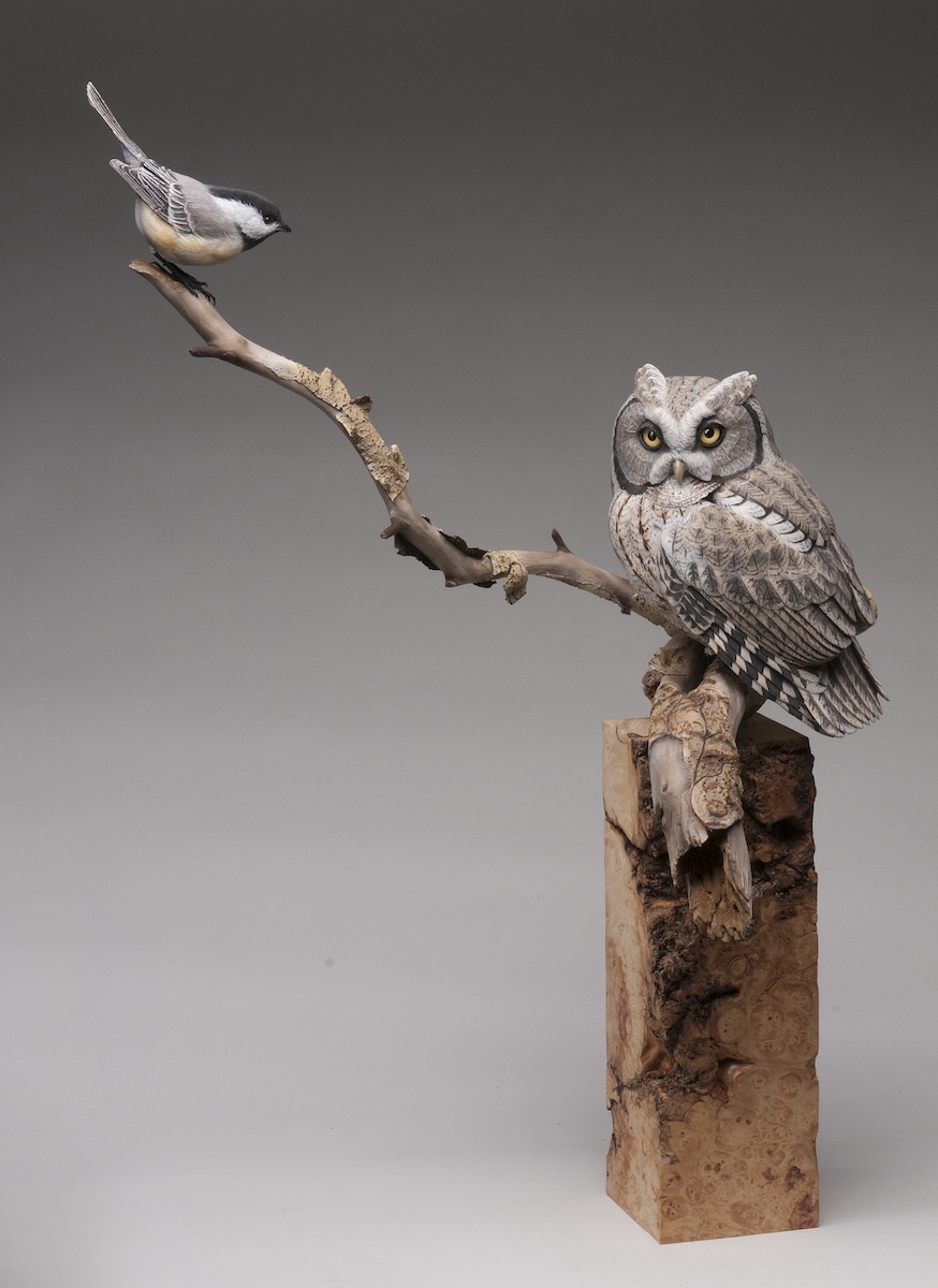 1st Best of Show - Wildfowl, Open, Peoples' Choice Award, Carvers' Choice Award: Reuben Unger - Eastern Screech Owl and Chickadee